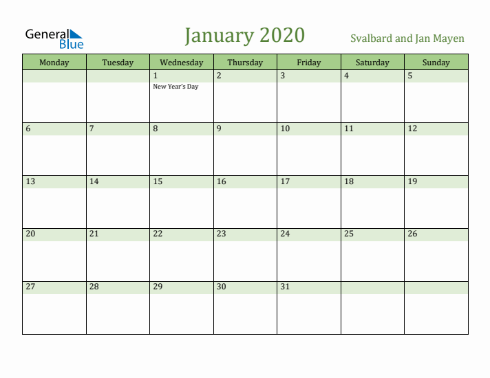 January 2020 Calendar with Svalbard and Jan Mayen Holidays