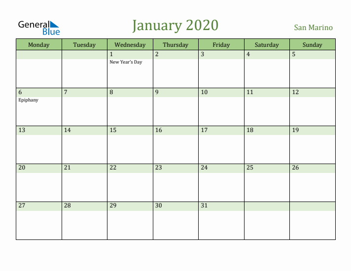 January 2020 Calendar with San Marino Holidays