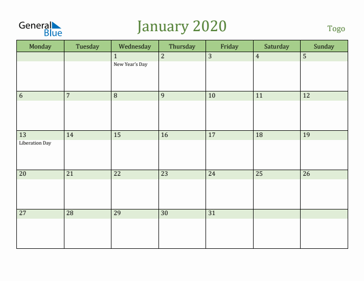 January 2020 Calendar with Togo Holidays