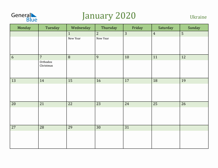 January 2020 Calendar with Ukraine Holidays