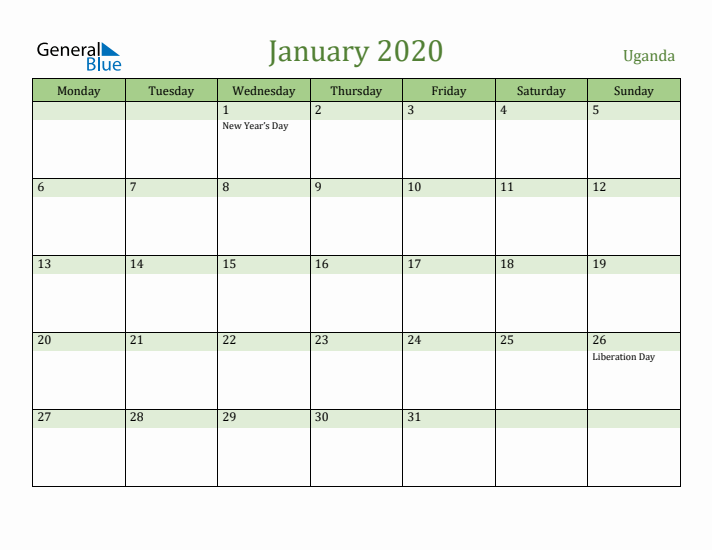 January 2020 Calendar with Uganda Holidays