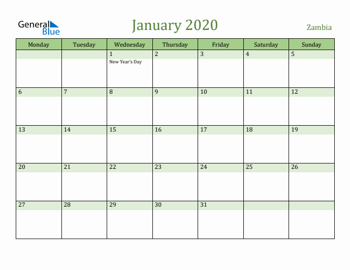 January 2020 Calendar with Zambia Holidays