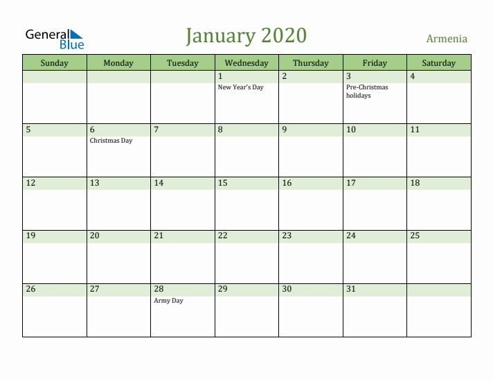 January 2020 Calendar with Armenia Holidays