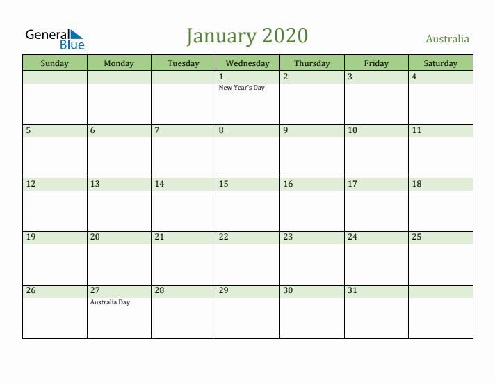 January 2020 Calendar with Australia Holidays