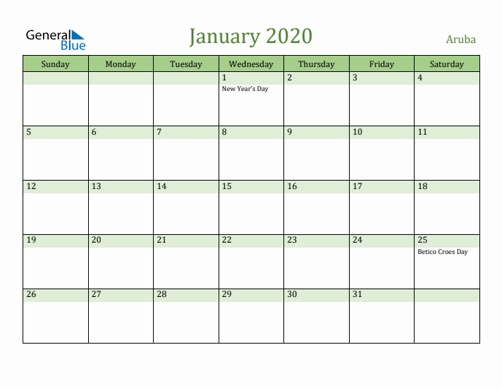 January 2020 Calendar with Aruba Holidays