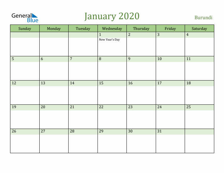 January 2020 Calendar with Burundi Holidays