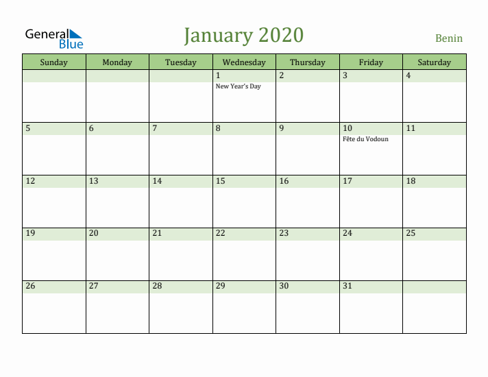 January 2020 Calendar with Benin Holidays