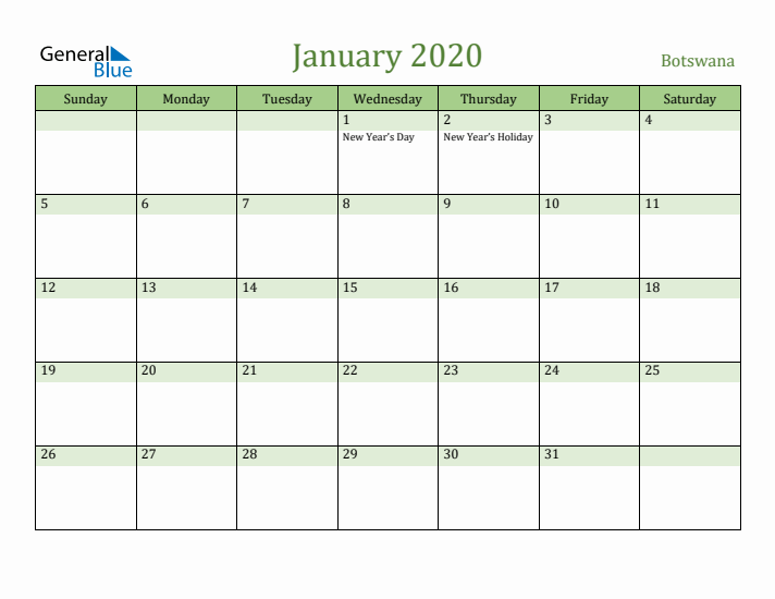 January 2020 Calendar with Botswana Holidays