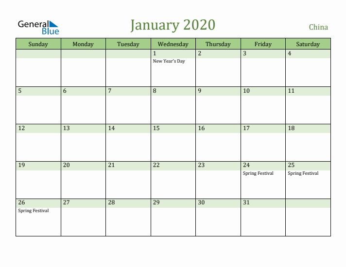 January 2020 Calendar with China Holidays