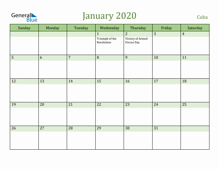 January 2020 Calendar with Cuba Holidays