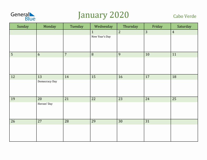 January 2020 Calendar with Cabo Verde Holidays