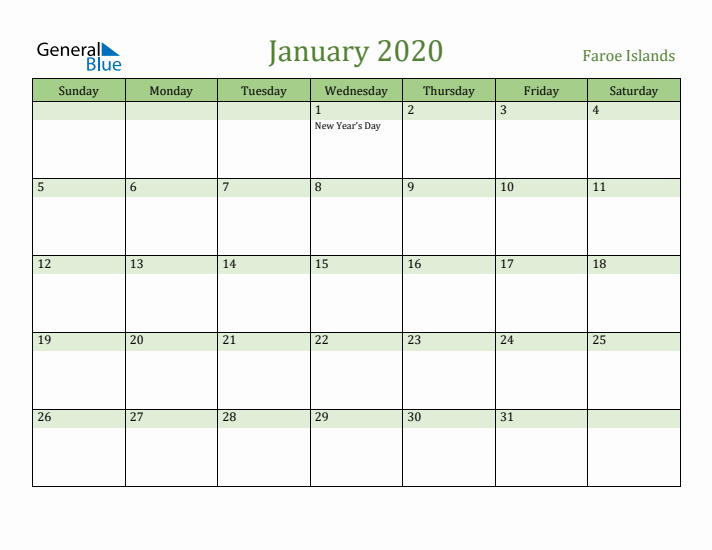 January 2020 Calendar with Faroe Islands Holidays