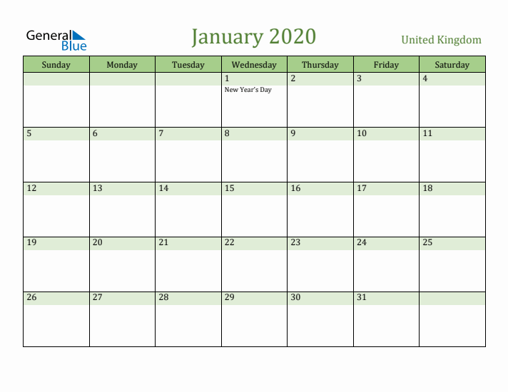 January 2020 Calendar with United Kingdom Holidays