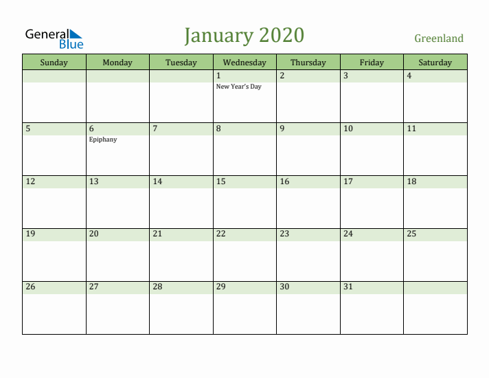 January 2020 Calendar with Greenland Holidays