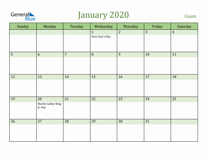 January 2020 Calendar with Guam Holidays