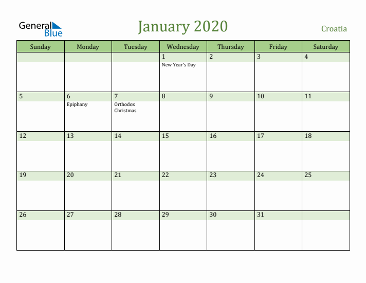 January 2020 Calendar with Croatia Holidays