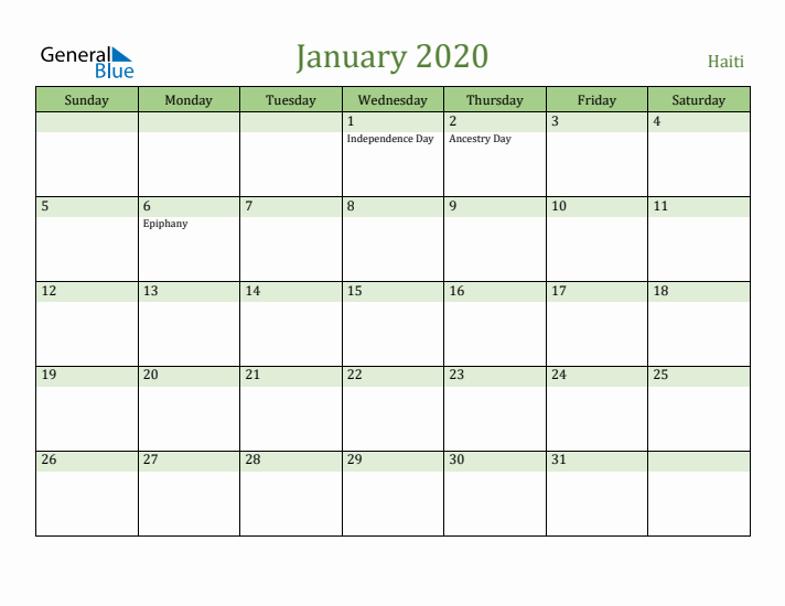 January 2020 Calendar with Haiti Holidays