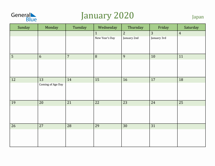 January 2020 Calendar with Japan Holidays