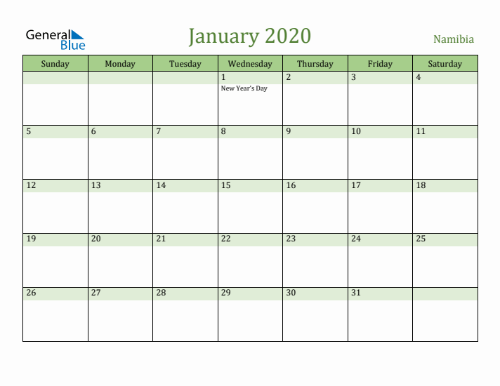 January 2020 Calendar with Namibia Holidays