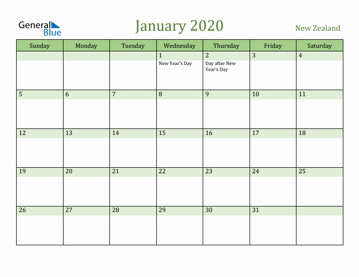 January 2020 Calendar with New Zealand Holidays