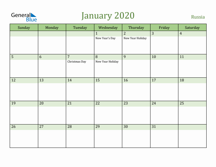 January 2020 Calendar with Russia Holidays