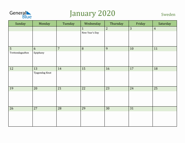 January 2020 Calendar with Sweden Holidays