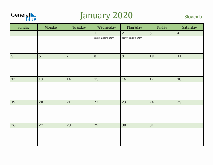 January 2020 Calendar with Slovenia Holidays