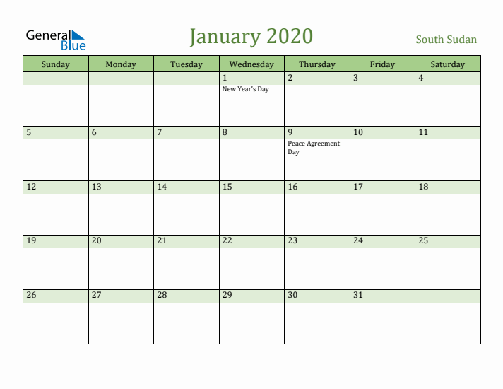 January 2020 Calendar with South Sudan Holidays