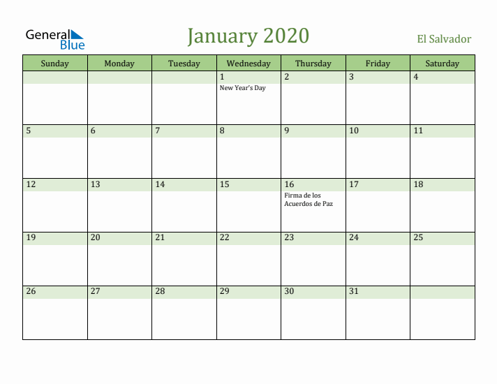 January 2020 Calendar with El Salvador Holidays