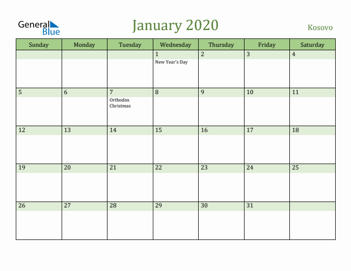 January 2020 Calendar with Kosovo Holidays