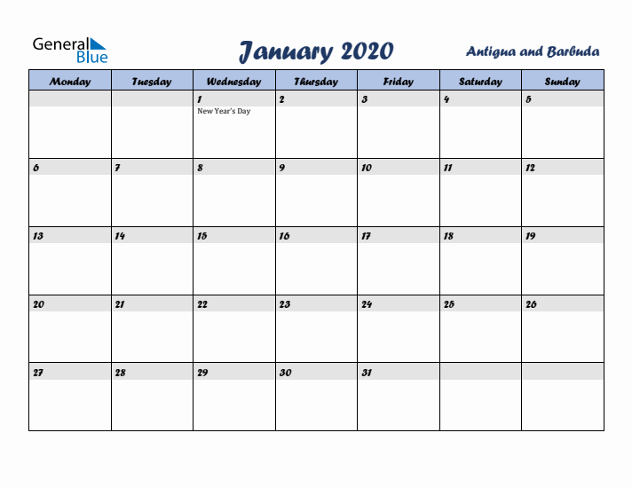 January 2020 Calendar with Holidays in Antigua and Barbuda