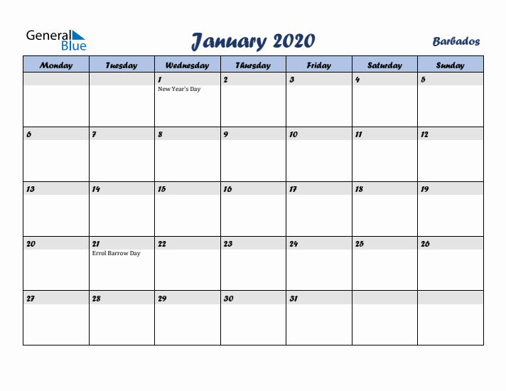 January 2020 Calendar with Holidays in Barbados