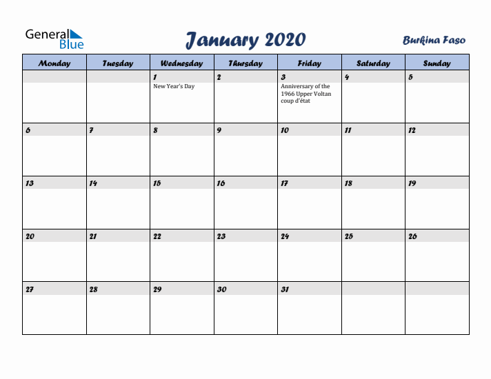 January 2020 Calendar with Holidays in Burkina Faso