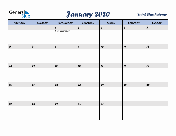 January 2020 Calendar with Holidays in Saint Barthelemy