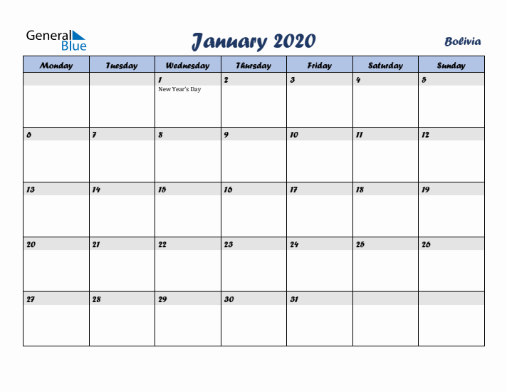 January 2020 Calendar with Holidays in Bolivia