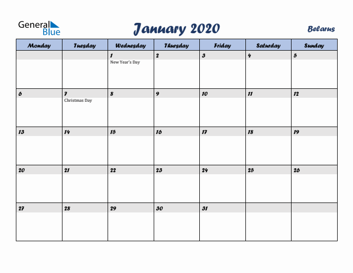 January 2020 Calendar with Holidays in Belarus