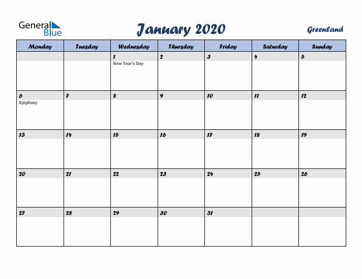 January 2020 Calendar with Holidays in Greenland