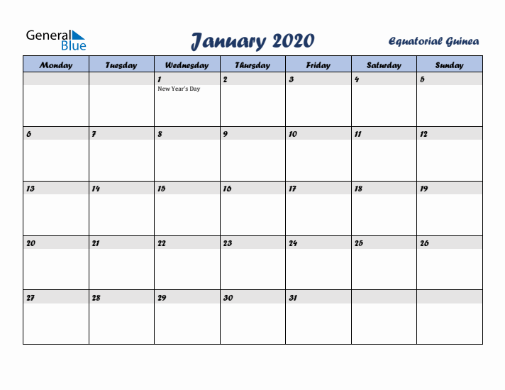 January 2020 Calendar with Holidays in Equatorial Guinea