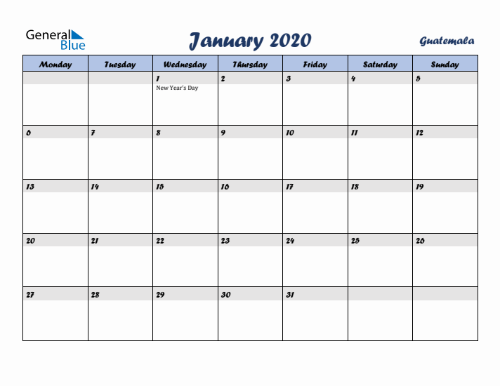 January 2020 Calendar with Holidays in Guatemala