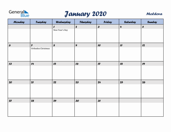 January 2020 Calendar with Holidays in Moldova