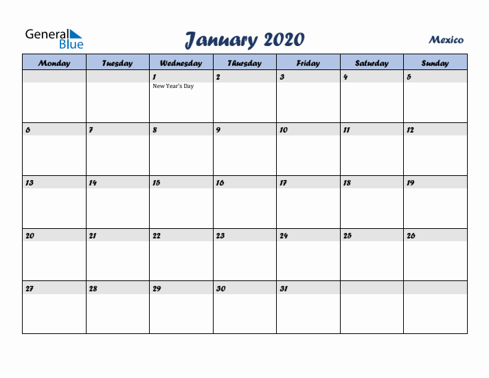 January 2020 Calendar with Holidays in Mexico