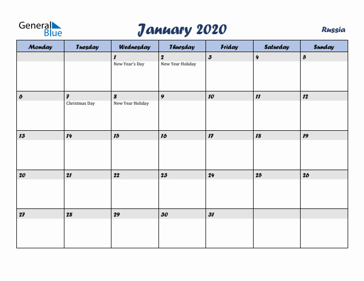 January 2020 Calendar with Holidays in Russia