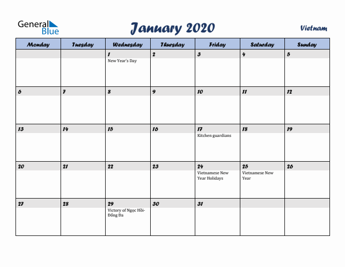 January 2020 Calendar with Holidays in Vietnam