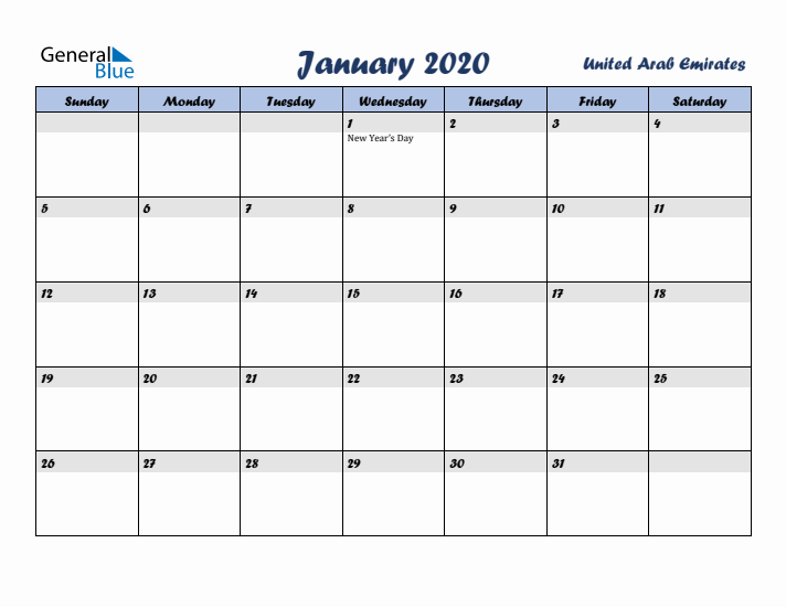 January 2020 Calendar with Holidays in United Arab Emirates