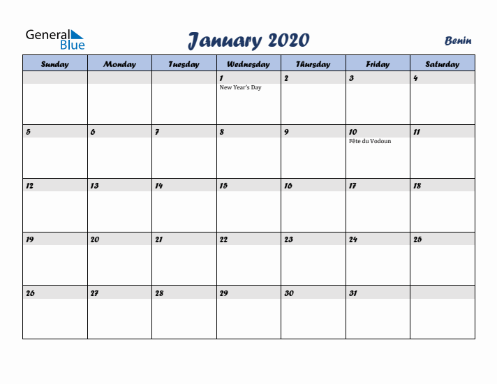 January 2020 Calendar with Holidays in Benin