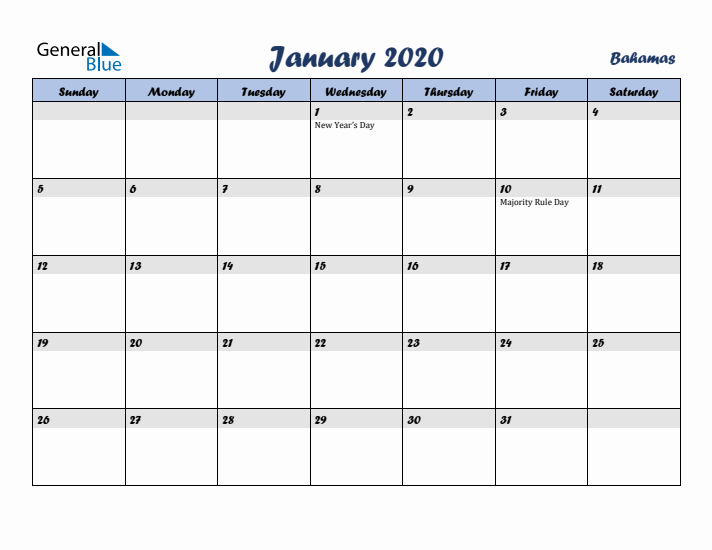 January 2020 Calendar with Holidays in Bahamas