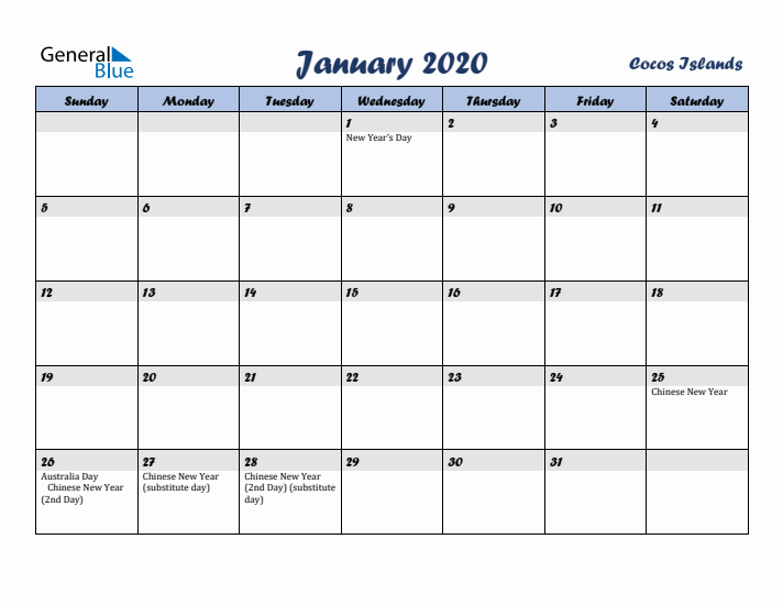 January 2020 Calendar with Holidays in Cocos Islands