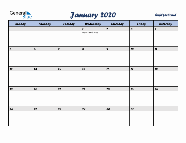 January 2020 Calendar with Holidays in Switzerland