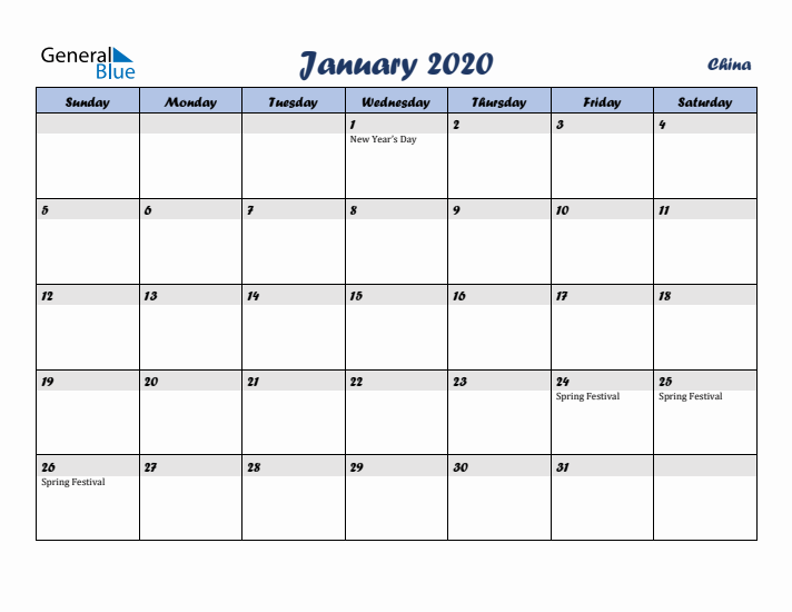 January 2020 Calendar with Holidays in China