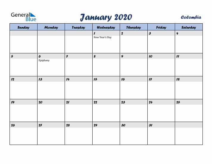 January 2020 Calendar with Holidays in Colombia